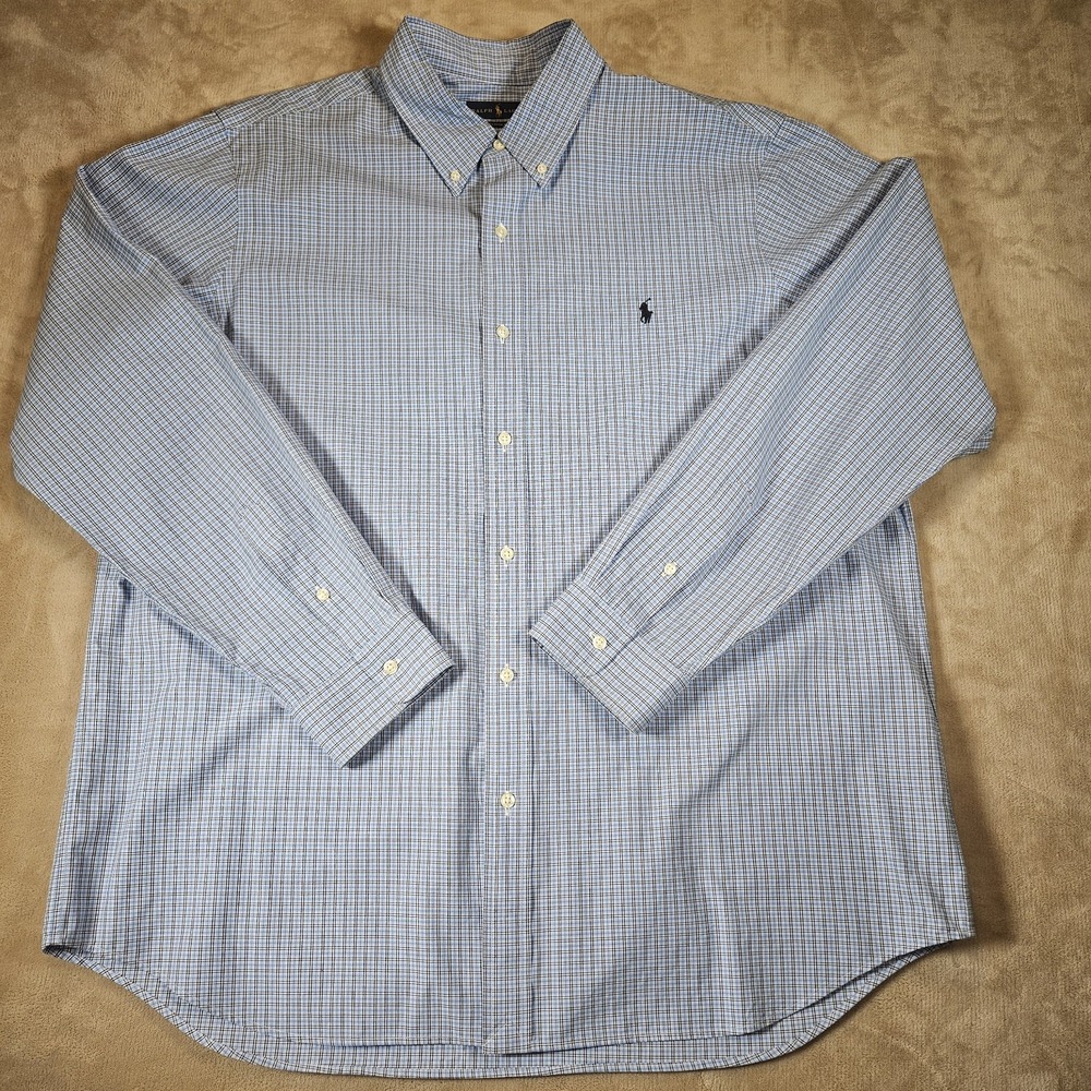 Ralph Lauren Mens XXL Classic Fit Blue Micro Check Cotton Button‎ Down Shirt - Picture 3 of 16